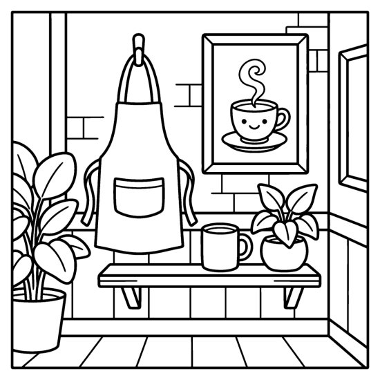 Apron hanging on a hook beside a framed coffee cup picture, a shelf mug and a plant, printable
