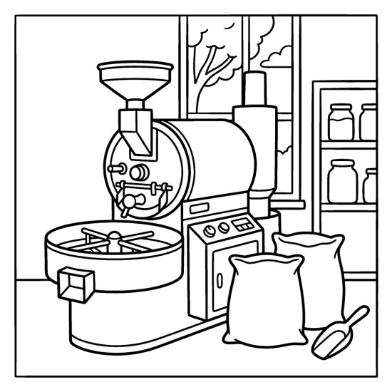 Drum coffee roaster machine in a roastery with a bean sack, a scoop and a window, bold and easy
