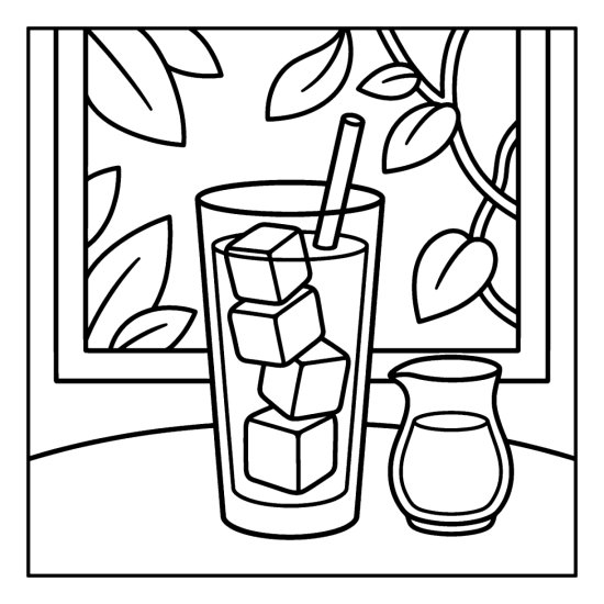 Tall glass of iced coffee with a straw and stacked ice cubes beside a milk jug, bold and easy