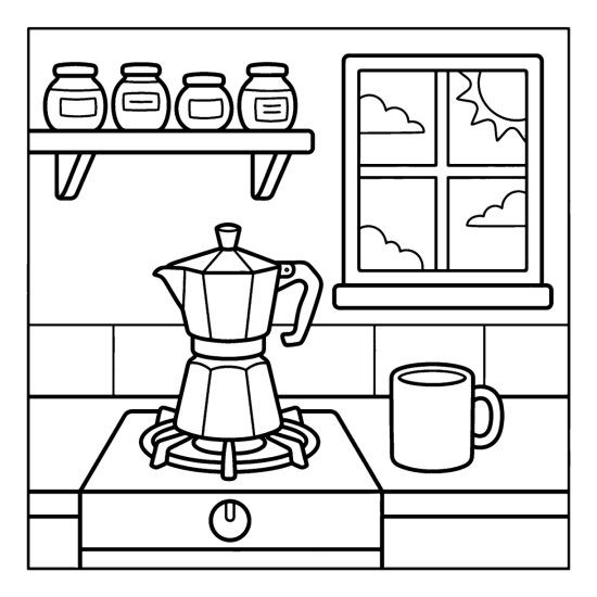 Stovetop moka pot on a burner with a waiting mug, a shelf of jars and a window, bold and easy