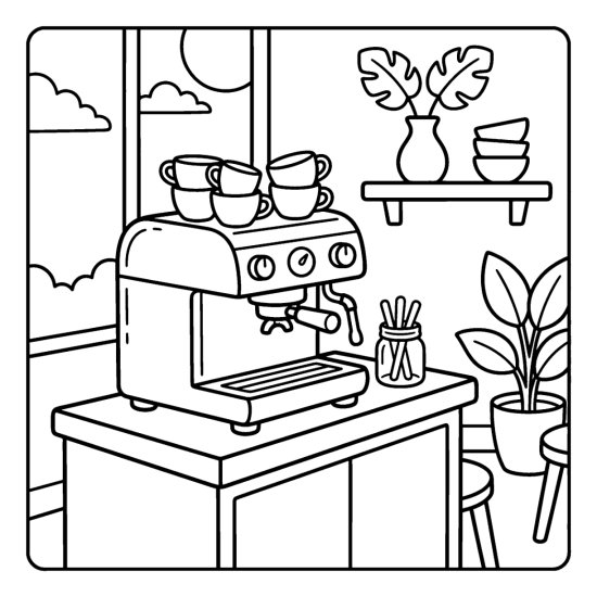 Shiny espresso machine on a cafe counter with stacked cups, a plant and a window, bold and easy