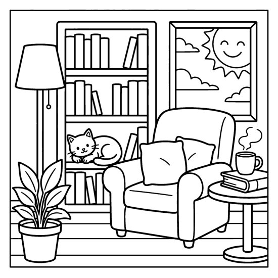 Cozy cafe reading corner with an armchair, a side table mug, a bookshelf and a lamp, coloring page