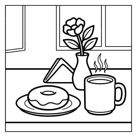 Glazed ring donut on a plate beside a steaming mug, a napkin and a bud vase, bold and easy
