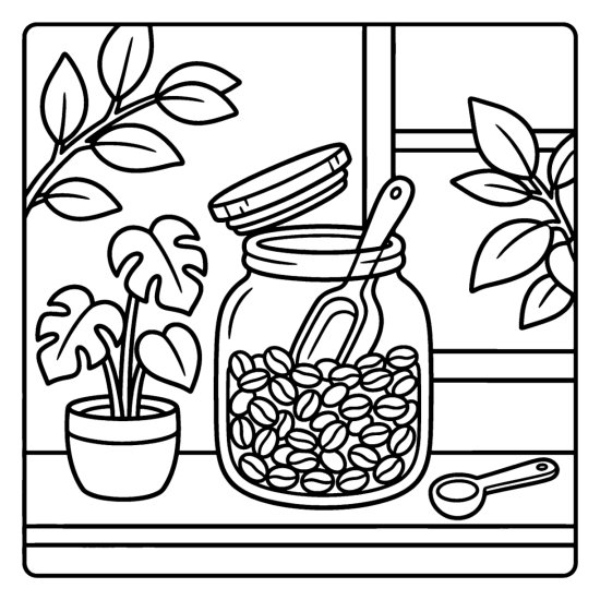 Large glass jar of coffee beans with a wooden scoop, a spoon and a potted plant, bold and easy