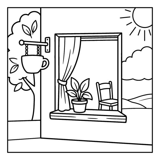 Cafe window with a cup shaped hanging sign, a curtain, a plant and a chair inside, coloring sheet