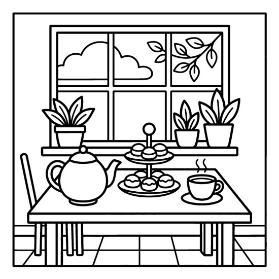 Cafe table set with a teapot, a coffee cup and a tiered stand of pastries by a window, bold and easy