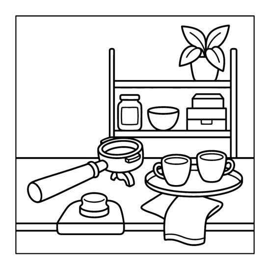 Portafilter handle on a counter beside two espresso cups, a tamper and a cloth, line art