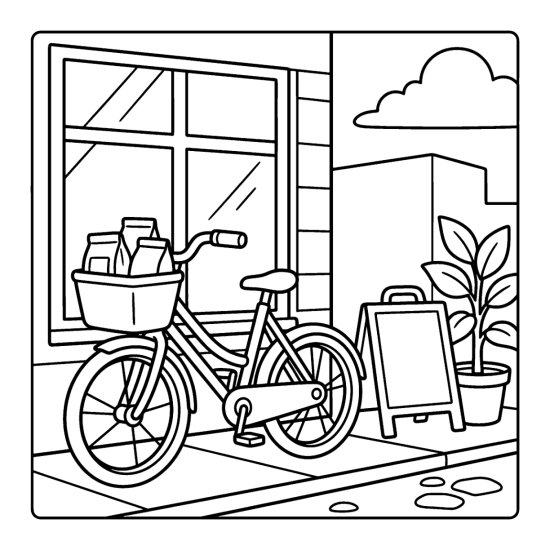 Bicycle with a basket of coffee bags parked by a cafe window with a sign and plant, bold and easy
