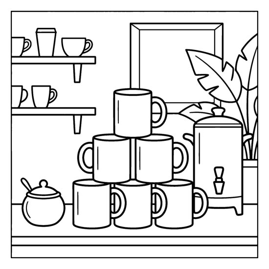 Pyramid stack of cafe mugs beside a tall coffee urn, a sugar bowl and a shelf of cups, bold and easy