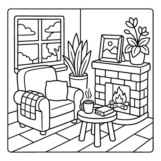 Cafe corner with a small fireplace, an armchair, a side table mug and a leafy plant, bold and easy