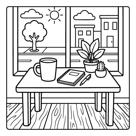 Cafe table with a closed notebook, a pen and a tall mug by a window street view, page to color