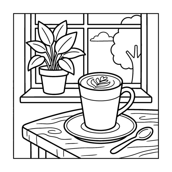 Tall latte cup with leaf foam art on a saucer with a spoon and a window plant, coloring sheet