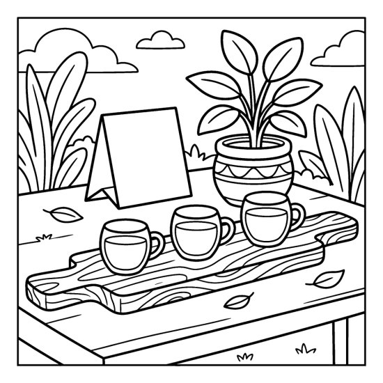 Wooden tasting flight board with three small coffee glasses and a card stand, bold and easy