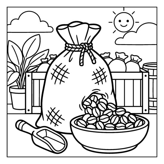 Burlap coffee sack tied at the top with beans spilling into a bowl and a scoop, printable