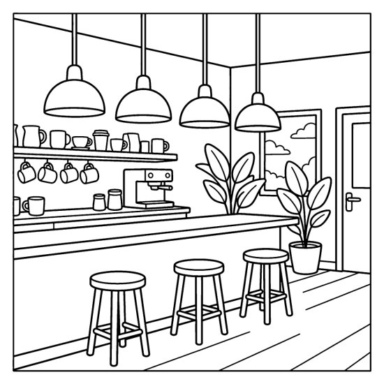 Cafe interior with a row of hanging pendant lights over a long counter and stools, bold and easy