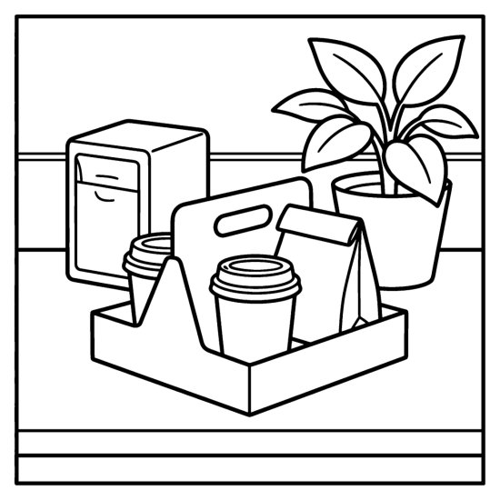 Cardboard takeaway tray holding two to go cups and a paper bag with a plant behind, bold and easy