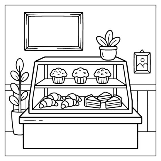 Glass pastry case filled with croissants, muffins and cake slices on a counter, bold and easy