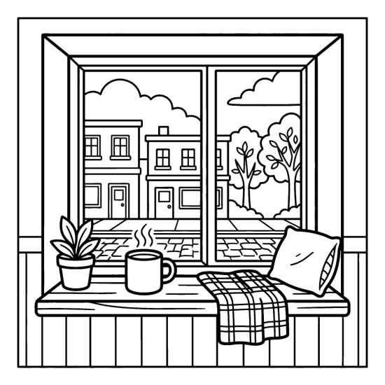 bold and easy coffee shop coloring pages with a cozy window seat, steaming mug and a street view, coloring page