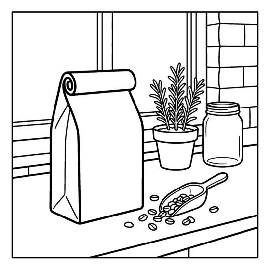 Rolled top coffee bag with spilled beans and a scoop on a counter, a herb and a jar, coloring sheet