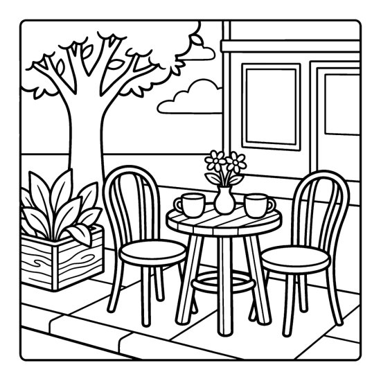 Round outdoor cafe table with two cups and a flower vase between two bistro chairs, bold and easy