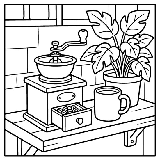 Vintage hand crank coffee grinder on a shelf with a mug and a leafy plant, bold and easy