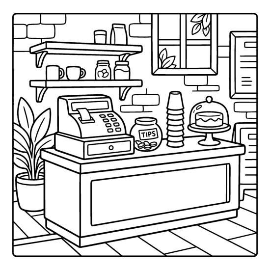 Cafe counter with an old style cash register, tip jar, cups and a cake dome, line art