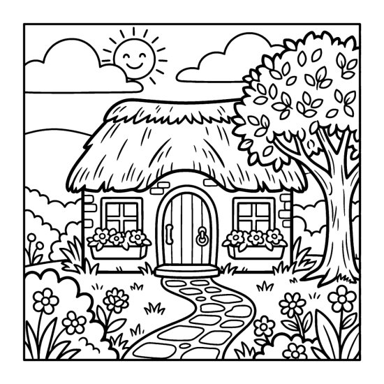 A cozy thatched cottage with flower boxes, a garden path, and a leafy tree, coloring page