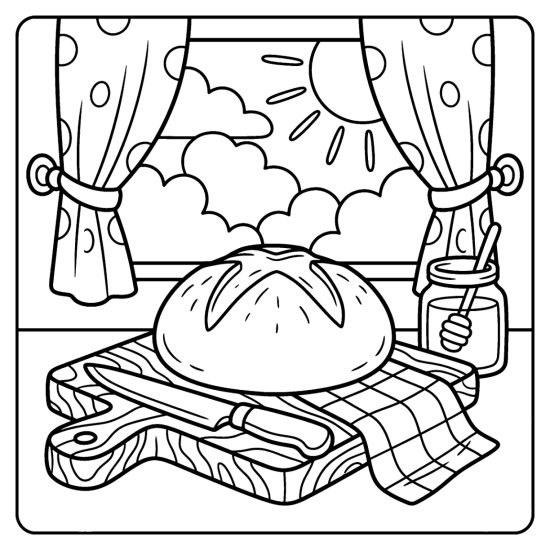 A round loaf of bread on a cutting board with a knife and honey jar, coloring page