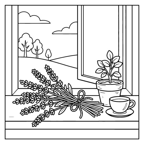 A tied bundle of lavender resting on a windowsill with a clay pot and teacup, coloring sheet