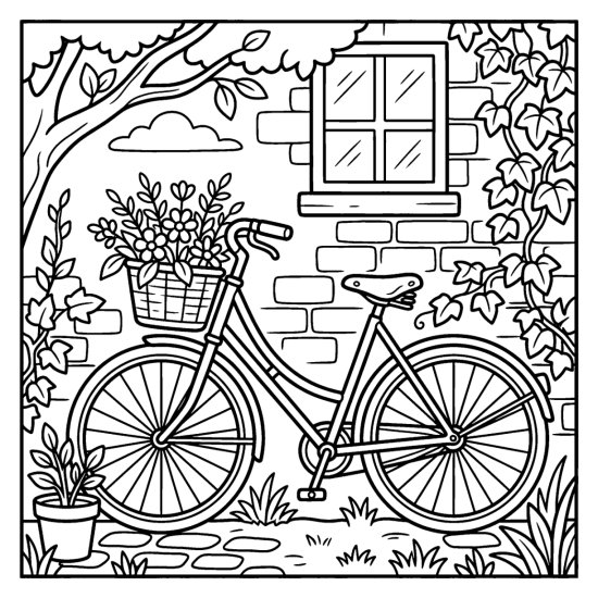A vintage bicycle with a flower-filled basket leaning on an ivy-covered cottage wall, coloring page