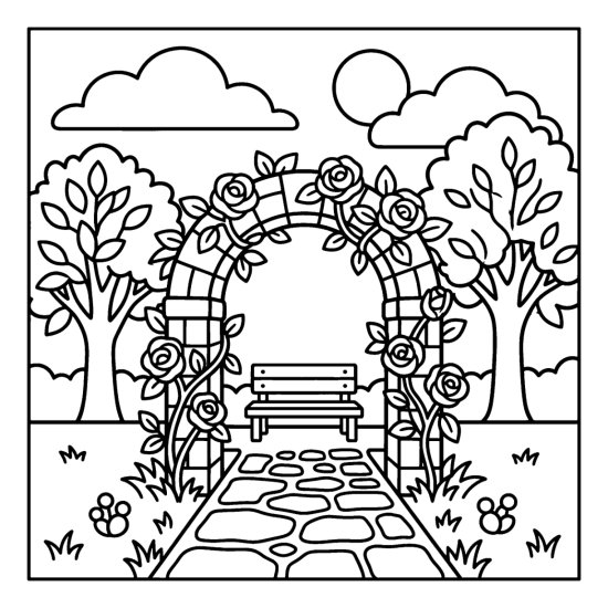 A rose covered garden archway over a bench with a stone path and trees, coloring sheet
