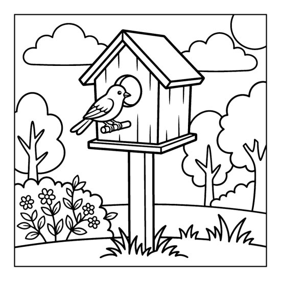 A wooden birdhouse on a post with a little bird, a flowering bush, and clouds, coloring page