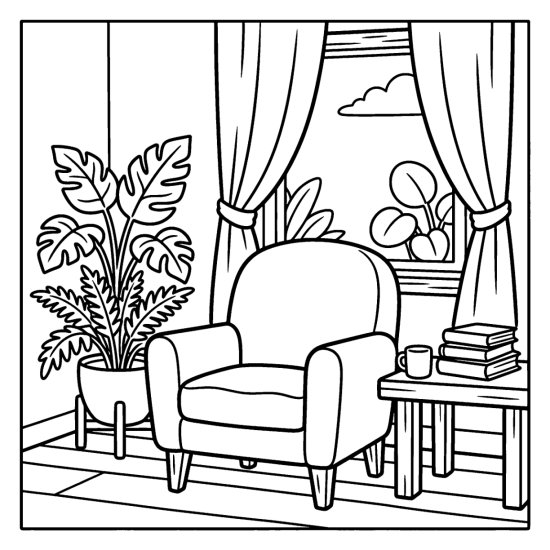 A cushioned armchair with stacked books, a potted fern, and a curtained window, coloring sheet