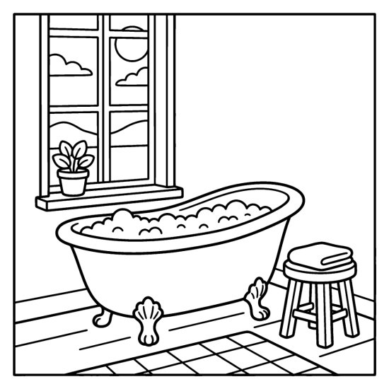 A bubble filled clawfoot tub beside a window with a potted plant and stool, bold and easy