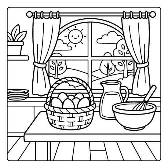 A basket of farm eggs with a milk jug and mixing bowl on a kitchen counter, coloring page