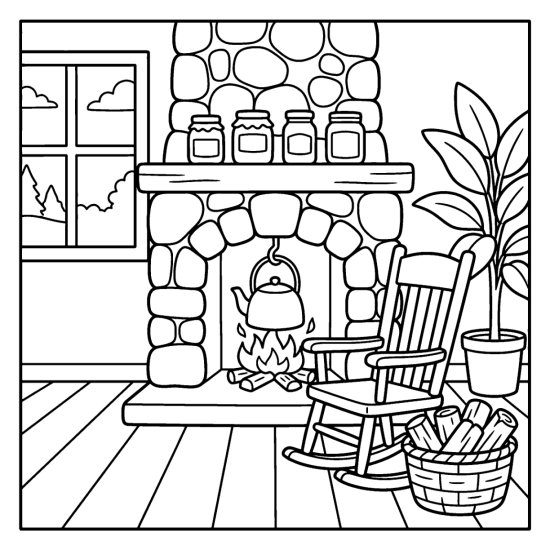 A stone fireplace with a hanging kettle, rocking chair, and basket of logs, coloring page