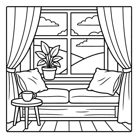 A cushioned window seat with a potted plant and teacup framed by soft curtains, coloring sheet