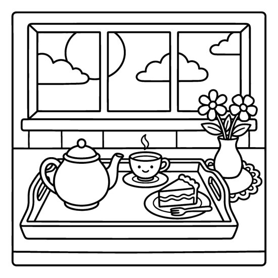 A tea tray with a teapot, cup, cake slice, and a small vase of flowers, coloring sheet