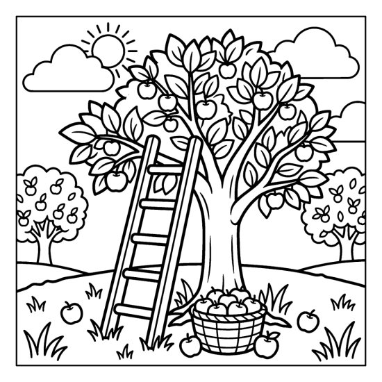 A ladder leaning on an apple tree with a basket of apples and fallen fruit, coloring page