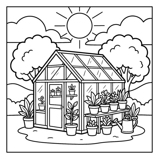 A small glass greenhouse with shelves of potted plants under a bright sun, coloring sheet