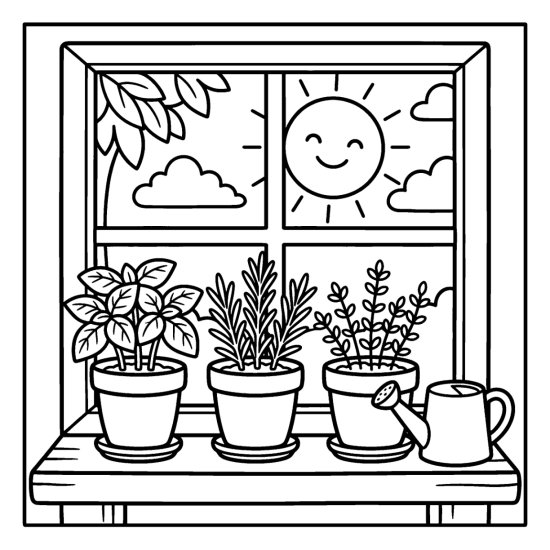 Three potted herbs on a sunny windowsill with a little watering can, coloring page