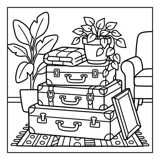 A stack of vintage suitcases topped with a potted plant, books, and a framed picture, coloring sheet