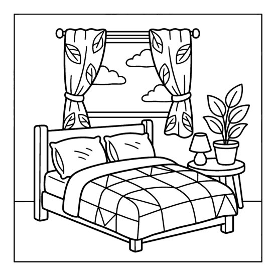 A cozy bed with a patchwork quilt and pillows below a curtained window, coloring page