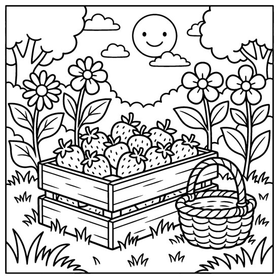 A wooden crate of strawberries in a garden with a basket and flowering plants, coloring sheet