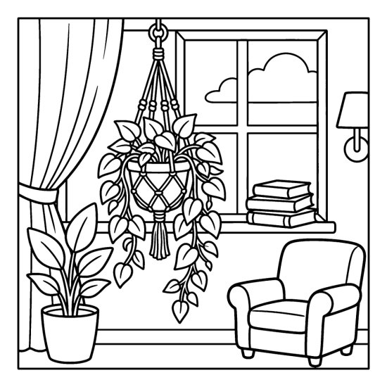 A hanging macrame planter with a trailing plant by a window and an armchair, coloring page