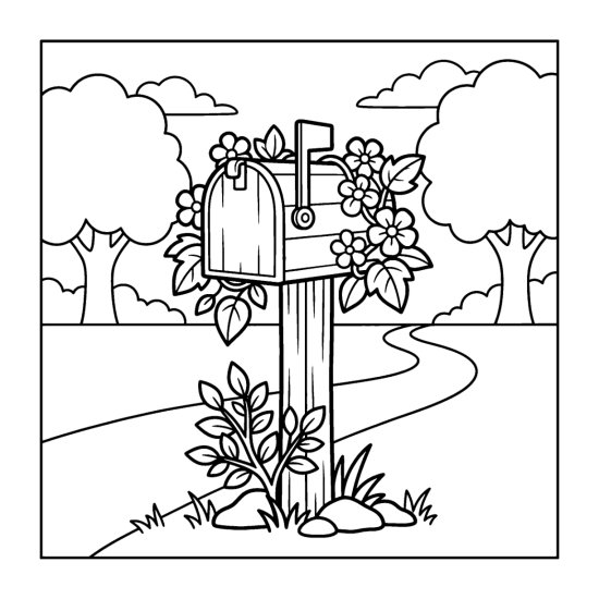 A mailbox on a post wrapped in climbing flowers with a path and trees, coloring sheet