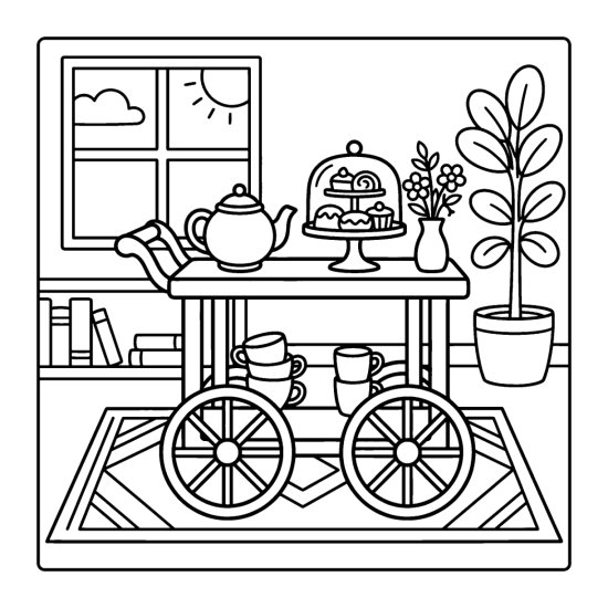A wooden tea cart with a teapot, cake stand, and stacked cups on a patterned rug, coloring page
