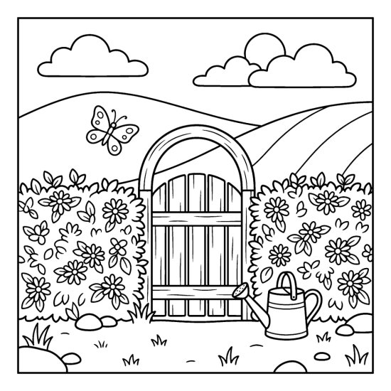 A wooden garden gate set in a flowering hedge with a butterfly and rolling hills, bold and easy