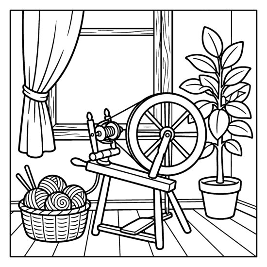 A wooden spinning wheel beside a basket of yarn with a window and potted plant, coloring sheet