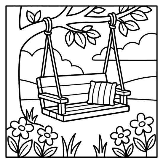A wooden swing bench hanging from a tree branch above flowers and clouds, coloring page